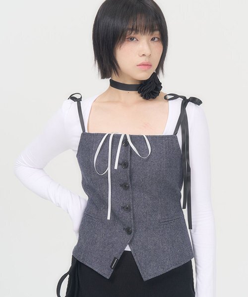 ZIZEMUSEUM(ジゼミュージアム)の「RIBBON BUTTON TOP (BLUE)(Tシャツ/カットソー・レディース・その他・SMALL/MEDIUM)」の1枚目の写真