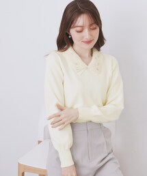index | ダブルビジューフェザー衿付きニット【洗濯機OK】(ニット/セーター)