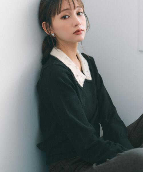 index（インデックス）の「ダブルビジューフェザー衿付きニット【洗濯機OK】（ニット/セーター・レディース・ブラック/オフホワイト/ナチュラル・36/38/40/42）」の4枚目の写真