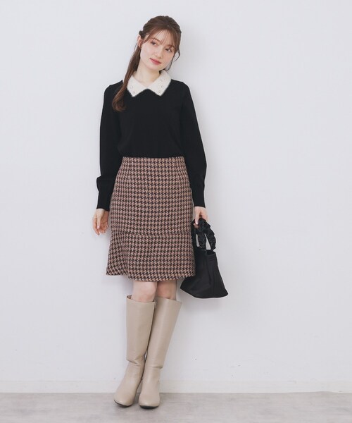 ダブルビジューフェザー衿付きニット【洗濯機OK】（ニット/セーター