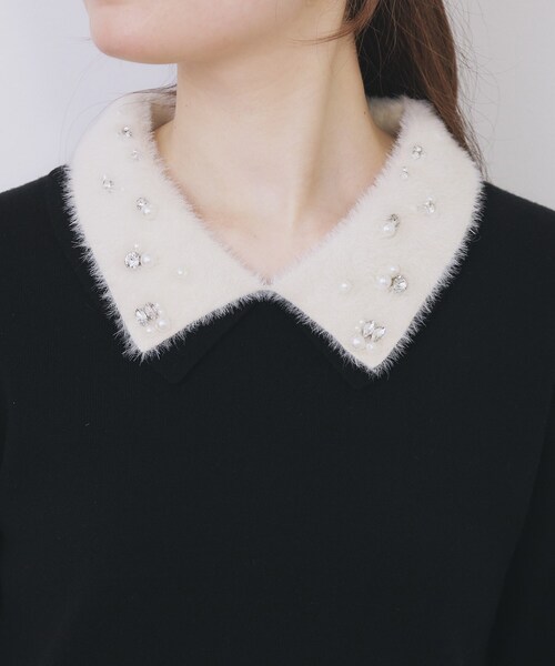 index（インデックス）の「ダブルビジューフェザー衿付きニット【洗濯機OK】（ニット/セーター・レディース・ブラック/オフホワイト/ナチュラル・36/38/40/42）」の20枚目の写真