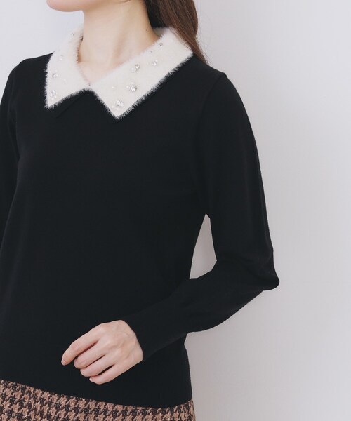 index（インデックス）の「ダブルビジューフェザー衿付きニット【洗濯機OK】（ニット/セーター・レディース・ブラック/オフホワイト/ナチュラル・36/38/40/42）」の21枚目の写真