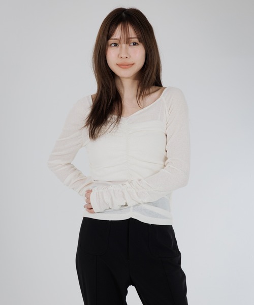 SENEE（セニー）の「drape sheer 2way tops（ドレープシアー2wayトップス）（Tシャツ/カットソー・レディース・ブラック/アイボリー・FREE）」の4枚目の写真