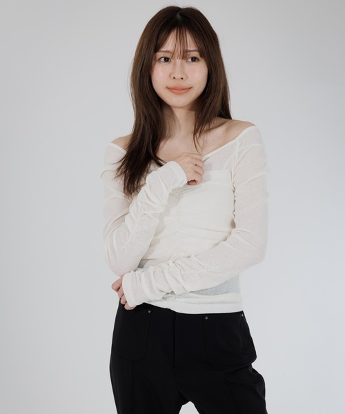 SENEE（セニー）の「drape sheer 2way tops（ドレープシアー2wayトップス）（Tシャツ/カットソー・レディース・ブラック/アイボリー・FREE）」の6枚目の写真