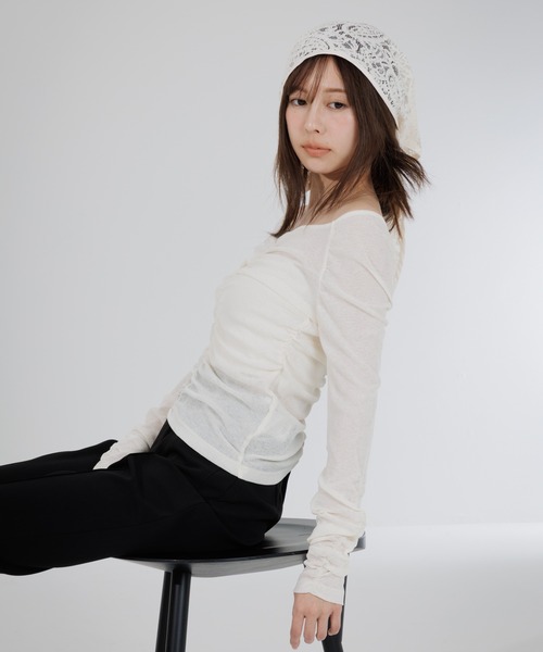 SENEE（セニー）の「drape sheer 2way tops（ドレープシアー2wayトップス）（Tシャツ/カットソー・レディース・ブラック/アイボリー・FREE）」の15枚目の写真