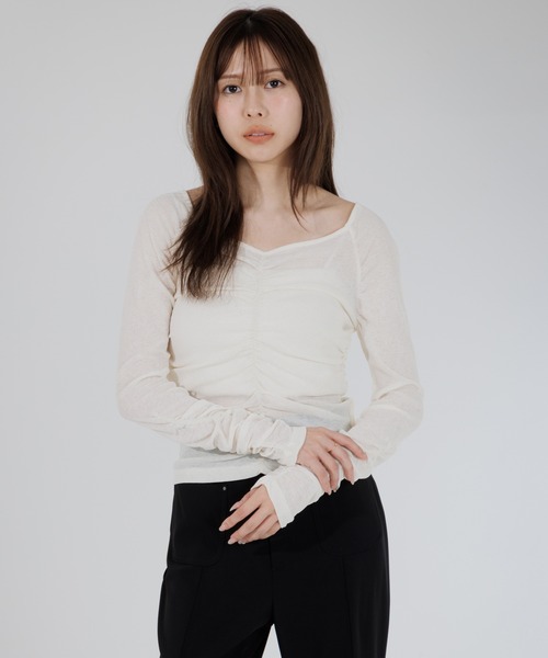 SENEE（セニー）の「drape sheer 2way tops（ドレープシアー2wayトップス）（Tシャツ/カットソー・レディース・ブラック/アイボリー・FREE）」の7枚目の写真
