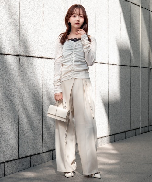 トップス Scheat 2way drape tops_white drape sheer 2way tops（ドレープシアー2wayトップス）（Tシャツ