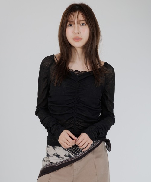 SENEE（セニー）の「drape sheer 2way tops（ドレープシアー2wayトップス）（Tシャツ/カットソー・レディース・ブラック/アイボリー・FREE）」の16枚目の写真