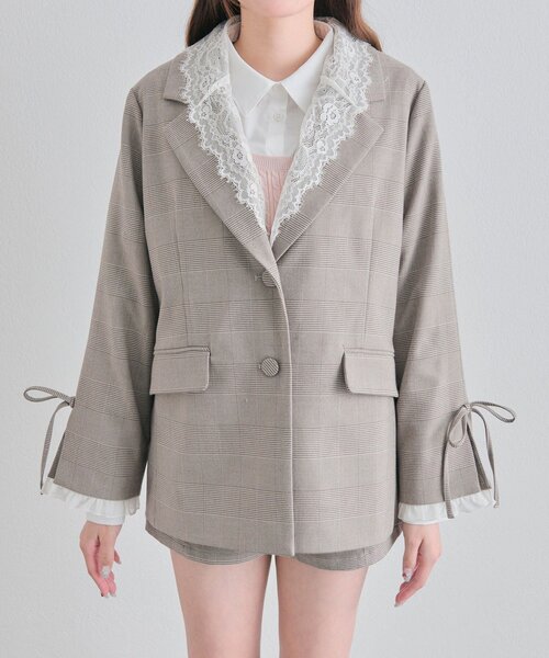 OLIVE des OLIVE（オリーブデオリーブ）の「【セットアップ対応/レース取り外し可】レース衿ゆるたぽテーラードジャケット（テーラードジャケット・レディース・ブラウン/ネイビー/グレー・FREE）」の13枚目の写真