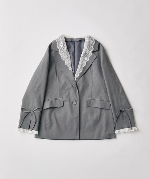 グレー レース襟 テーラードジャケット セール】レース衿ゆるたぽテーラードジャケット（テーラードジャケット
