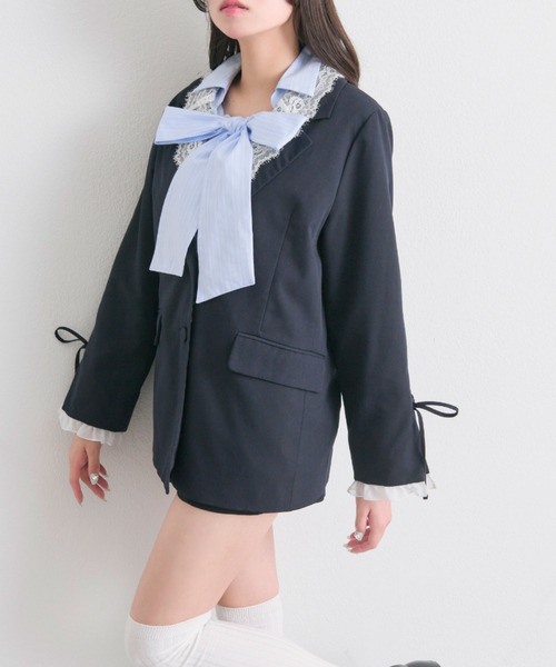 OLIVE des OLIVE（オリーブデオリーブ）の「【セットアップ対応/レース取り外し可】レース衿ゆるたぽテーラードジャケット（テーラードジャケット・レディース・ブラウン/ネイビー/グレー・FREE）」の4枚目の写真