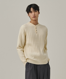 ウォッシャブルケーブルヘンリーネックニットTシャツ（クリーム）