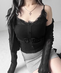 me+em select(�~�[���Z���N�g)�́y 2�_�Z�b�g �z�t�����g���[�X�V�A�[�j�b�g�L���~�\�[�� �{�J�[�f�B�K�� SET / front lace sheer knit camisole + cardigan set(�A���T���u��)