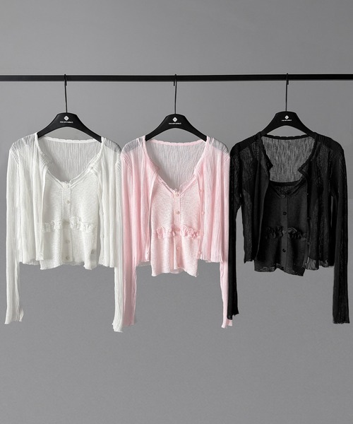 me+em select(ミームセレクト)の「【 2点セット 】フロントレースシアーニットキャミソール +カーディガン SET / front lace sheer knit camisole + cardigan set(アンサンブル・レディース・ホワイト/ブラック/ピンク・FREE)」の4枚目の写真