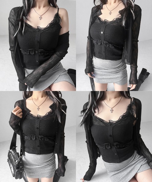 me+em select(ミームセレクト)の「【 2点セット 】フロントレースシアーニットキャミソール +カーディガン SET / front lace sheer knit camisole + cardigan set(アンサンブル・レディース・ホワイト/ブラック/ピンク・FREE)」の7枚目の写真