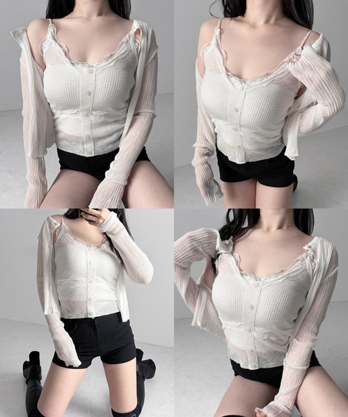 me+em select(ミームセレクト)の「【 2点セット 】フロントレースシアーニットキャミソール +カーディガン SET / front lace sheer knit camisole + cardigan set(アンサンブル・レディース・ホワイト/ブラック/ピンク・FREE)」の5枚目の写真