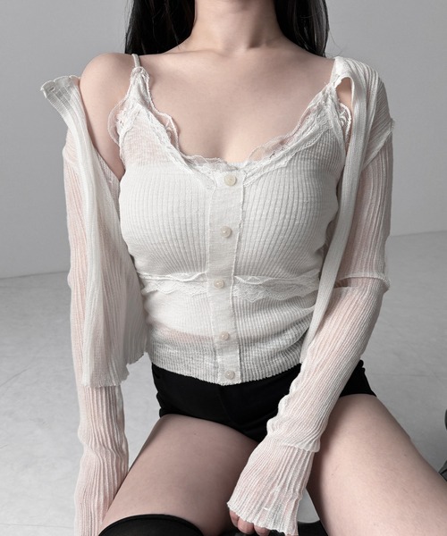 me+em select(ミームセレクト)の「【 2点セット 】フロントレースシアーニットキャミソール +カーディガン SET / front lace sheer knit camisole + cardigan set(アンサンブル・レディース・ホワイト/ブラック/ピンク・FREE)」の12枚目の写真