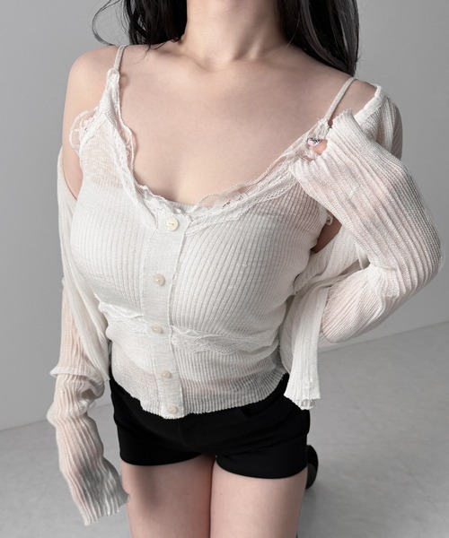 me+em select(ミームセレクト)の「【 2点セット 】フロントレースシアーニットキャミソール +カーディガン SET / front lace sheer knit camisole + cardigan set(アンサンブル・レディース・ホワイト/ブラック/ピンク・FREE)」の13枚目の写真