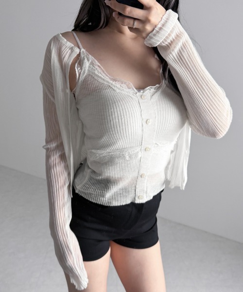 me+em select(ミームセレクト)の「【 2点セット 】フロントレースシアーニットキャミソール +カーディガン SET / front lace sheer knit camisole + cardigan set(アンサンブル・レディース・ホワイト/ブラック/ピンク・FREE)」の17枚目の写真