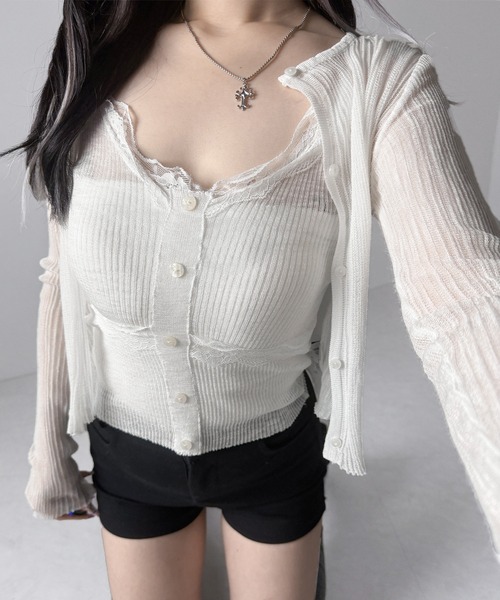 me+em select(ミームセレクト)の「【 2点セット 】フロントレースシアーニットキャミソール +カーディガン SET / front lace sheer knit camisole + cardigan set(アンサンブル・レディース・ホワイト/ブラック/ピンク・FREE)」の14枚目の写真
