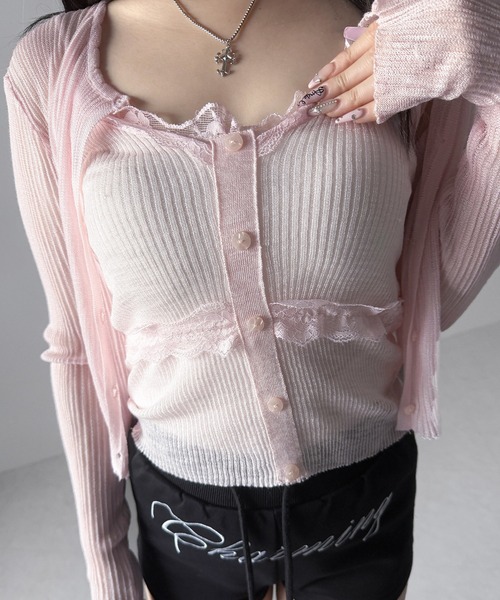 me+em select(ミームセレクト)の「【 2点セット 】フロントレースシアーニットキャミソール +カーディガン SET / front lace sheer knit camisole + cardigan set(アンサンブル・レディース・ホワイト/ブラック/ピンク・FREE)」の22枚目の写真