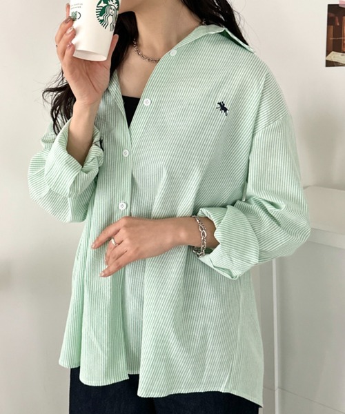 POLOCHAMPS(ポロチャンプス)の「POLOCHAMPS(ポロチャンプス)/カラーシャツ オーバーサイズ ストライプ長袖シャツ 羽織 ワンポイント刺繍(シャツ/ブラウス・レディース・サックスブルー/イエロー/ネイビー/レッド/グリーン/ブラウン・FREE)」の17枚目の写真