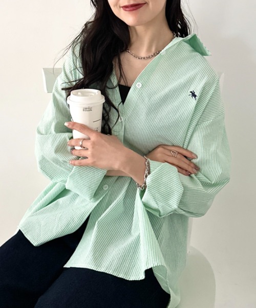 POLOCHAMPS(ポロチャンプス)の「POLOCHAMPS(ポロチャンプス)/カラーシャツ オーバーサイズ ストライプ長袖シャツ 羽織 ワンポイント刺繍(シャツ/ブラウス・レディース・サックスブルー/イエロー/ネイビー/レッド/グリーン/ブラウン・FREE)」の18枚目の写真