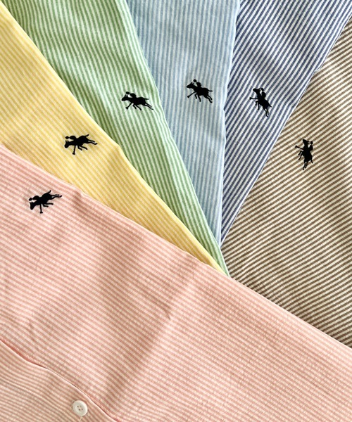 POLOCHAMPS(ポロチャンプス)の「POLOCHAMPS(ポロチャンプス)/カラーシャツ オーバーサイズ ストライプ長袖シャツ 羽織 ワンポイント刺繍(シャツ/ブラウス・レディース・サックスブルー/イエロー/ネイビー/レッド/グリーン/ブラウン・FREE)」の7枚目の写真