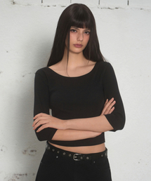 MUSINSA STANDARD WOMAN | ウィメンズスリムスクープネック7部Tシャツ[ブラック](Tシャツ/カットソー)