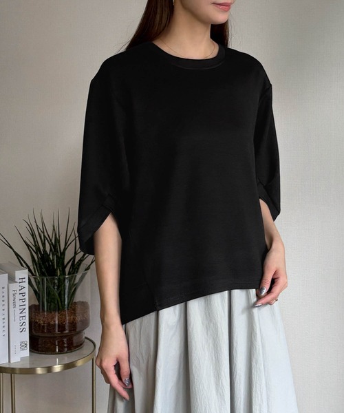 LOWO(ロワ)の「ハーフスリーブスウェットプルオーバー(Tシャツ/カットソー・レディース・ベージュ/ブラック/オフホワイト・FREE)」の2枚目の写真