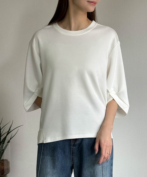 LOWO(ロワ)の「ハーフスリーブスウェットプルオーバー(Tシャツ/カットソー・レディース・ベージュ/ブラック/オフホワイト・FREE)」の8枚目の写真