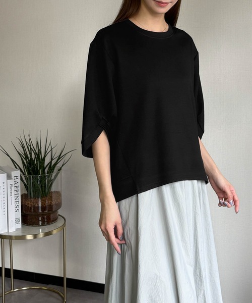 LOWO(ロワ)の「ハーフスリーブスウェットプルオーバー(Tシャツ/カットソー・レディース・ベージュ/ブラック/オフホワイト・FREE)」の9枚目の写真