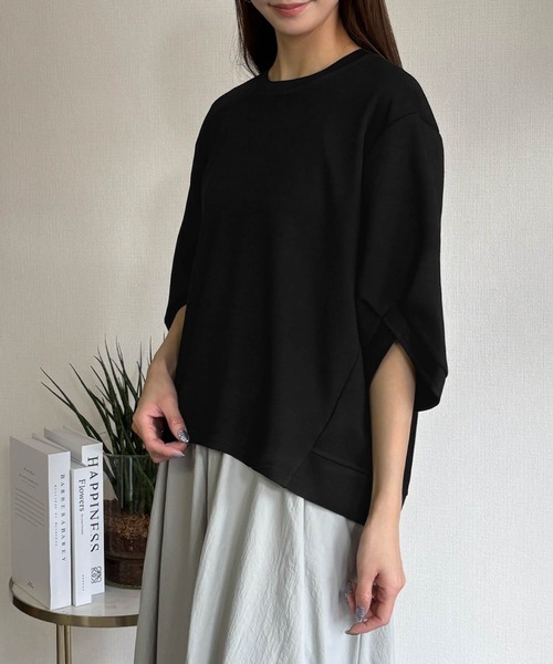 LOWO(ロワ)の「ハーフスリーブスウェットプルオーバー(Tシャツ/カットソー・レディース・ベージュ/ブラック/オフホワイト・FREE)」の11枚目の写真