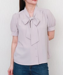 リボンギャザー半袖ブラウス《防汚加工/ラクケア》