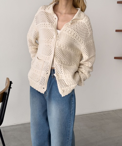 CANAL JEAN(キャナルジーン)の「HARING コットンリネンクロシェ編みカーディガン(カーディガン/ボレロ・レディース・ネイビー/キナリ・ONE SIZE)」の3枚目の写真
