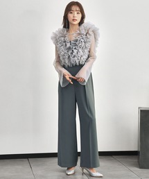 3WAYチュールフリルブラウス ノースリーブオールインワン パンツスタイル 2点セット 結婚式 パンツドレス パーティードレス オケージョンドレス お呼ばれ 二次会 成人式 同窓会 謝恩会
