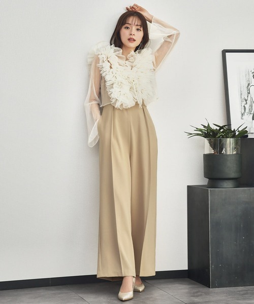 girl(ガール)の「3WAYチュールフリルブラウス ノースリーブオールインワン パンツスタイル 2点セット 結婚式 パンツドレス パーティードレス オケージョンドレス お呼ばれ 二次会 成人式 同窓会 謝恩会(パンツドレス・レディース・ホワイト×ブラック/ベージュ/グレー・M/S/2L/L)」の7枚目の写真