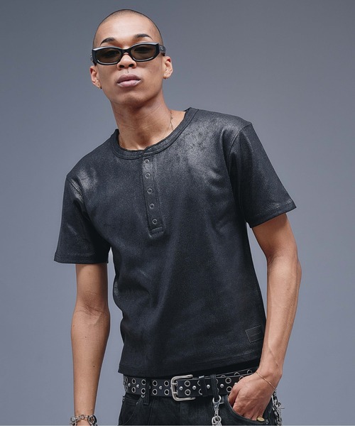 セール】Coated Henry neck Rib T-shirt / コーティングヘンリーネック