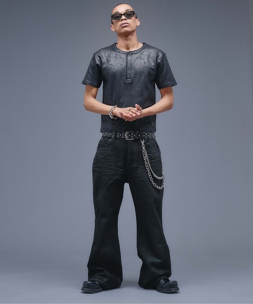 ANDER HUNK(アンダーハンク)の「Coated Henry neck Rib T-shirt / コーティングヘンリーネックリブTシャツ(Tシャツ/カットソー・メンズ・ブラック/パープル・MEDIUM/LARGE)」の13枚目の写真