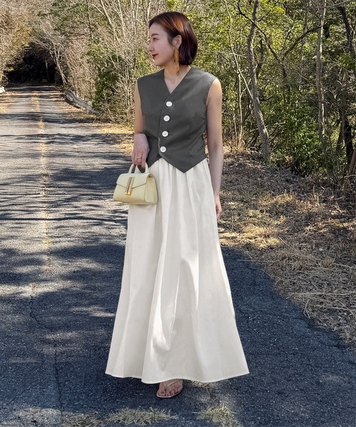 KOBE LETTUCE（コウベレタス）の「[ SAYAKAさんコラボ ]2点セット ジレ×ギャザーマキシスカート（ワンピース・レディース・ネイビー系/グレー系/ブラック系・M）」の10枚目の写真