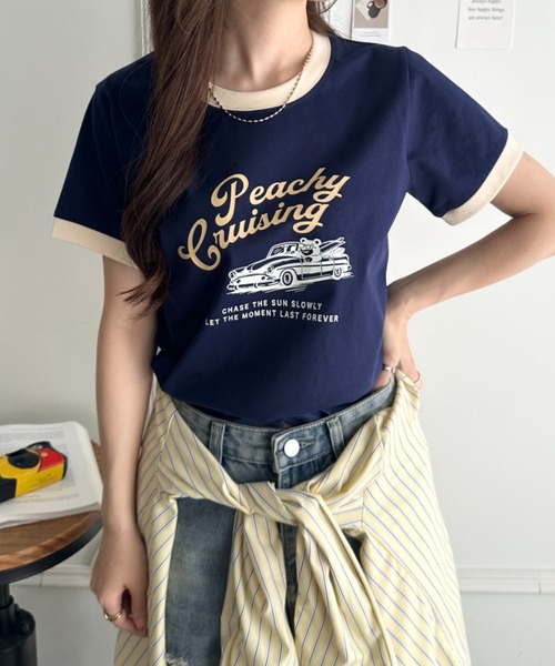 CLEA(クレア)の「ヴィンテージ風アソートロゴプリント配色リンガー半袖Tシャツ(Tシャツ/カットソー・レディース・その他2/その他1/その他4/その他3・FREE)」の3枚目の写真