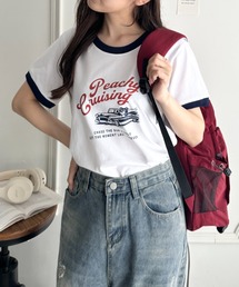 ヴィンテージ風アソートロゴプリント配色リンガー半袖Tシャツ