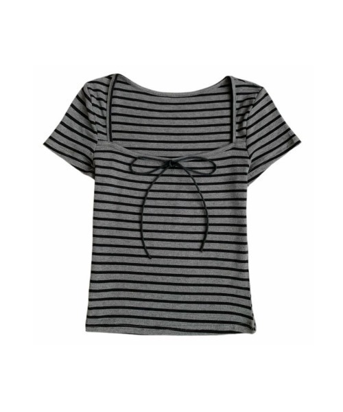 ViViDAY（ビビデー）の「フロントリボン　ボーダー柄ショートtシャツ（Tシャツ/カットソー・レディース・ダークグレー・M）」の13枚目の写真