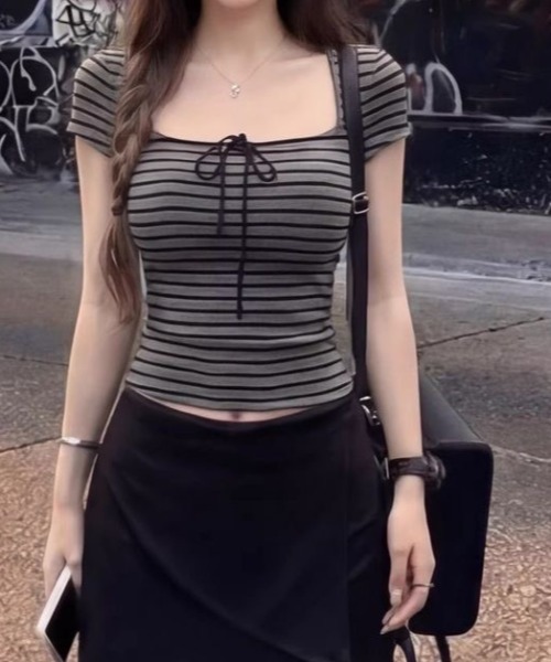 ViViDAY（ビビデー）の「フロントリボン　ボーダー柄ショートtシャツ（Tシャツ/カットソー・レディース・ダークグレー・M）」の14枚目の写真