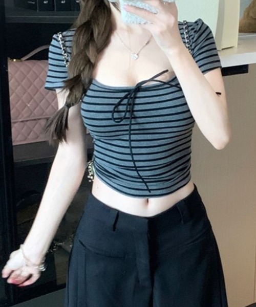 ViViDAY（ビビデー）の「フロントリボン　ボーダー柄ショートtシャツ（Tシャツ/カットソー・レディース・ダークグレー・M）」の17枚目の写真