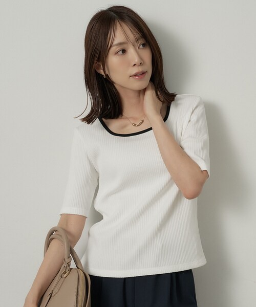 UNTITLED(アンタイトル)の「【二の腕カバー】スクエアネックテレコプルオーバー(Tシャツ/カットソー・レディース・オフホワイト/ブラック/カーキ・00/02/04/44/48/50)」の1枚目の写真