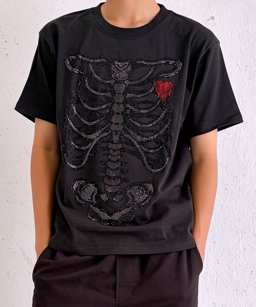 BAYBLO（ベイブロ）の「(SF) edakka コットン100% ラインストーン 骨 韓国ストリート Y2K Tシャツ（Tシャツ/カットソー・メンズ・アーミー/ブラック系2/ブラック系1・LARGE）」の2枚目の写真