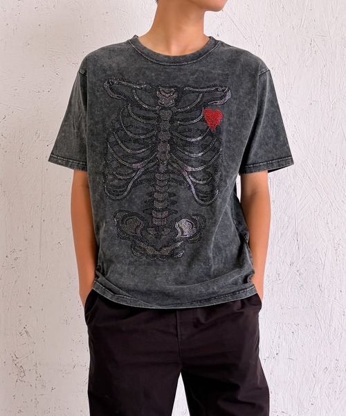 BAYBLO（ベイブロ）の「(SF) edakka コットン100% ラインストーン 骨 韓国ストリート Y2K Tシャツ（Tシャツ/カットソー・メンズ・アーミー/ブラック系2/ブラック系1・LARGE）」の3枚目の写真