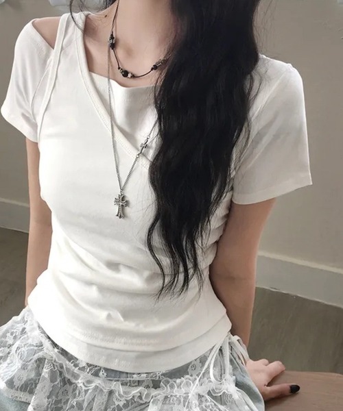 MEMECLE(メメクル)の「【 MEMECLE / メメクル 】Y2Kアシンメトリーレイヤードカットソー(Tシャツ/カットソー・レディース・ブラック/グレー/ホワイト・FREE)」の6枚目の写真