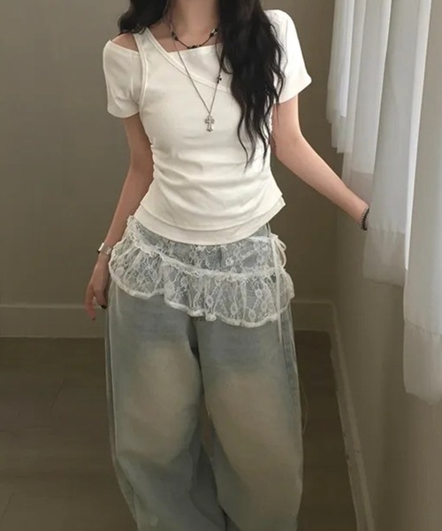 MEMECLE(メメクル)の「【 MEMECLE / メメクル 】Y2Kアシンメトリーレイヤードカットソー(Tシャツ/カットソー・レディース・ブラック/グレー/ホワイト・FREE)」の5枚目の写真